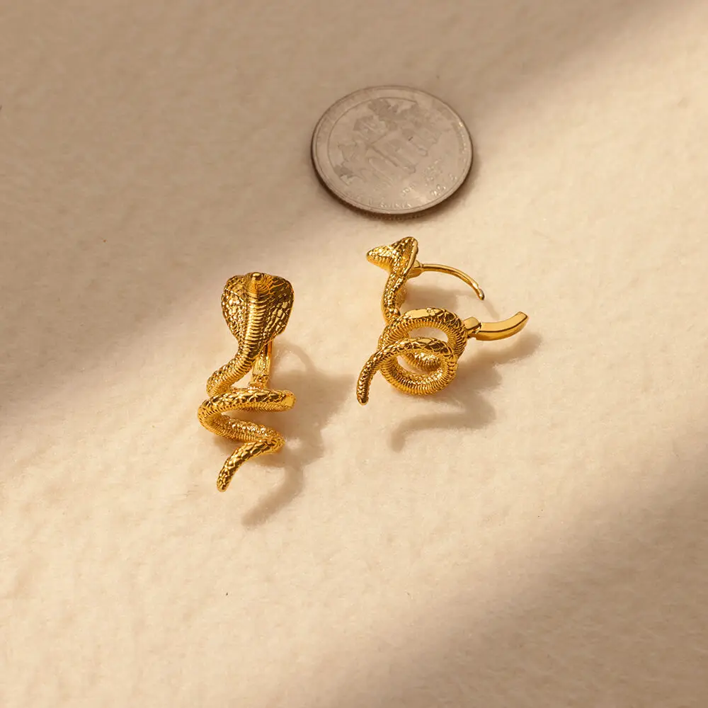 Golden Serpent Hoops | Stainless Steel Snake Earrings - Image 2