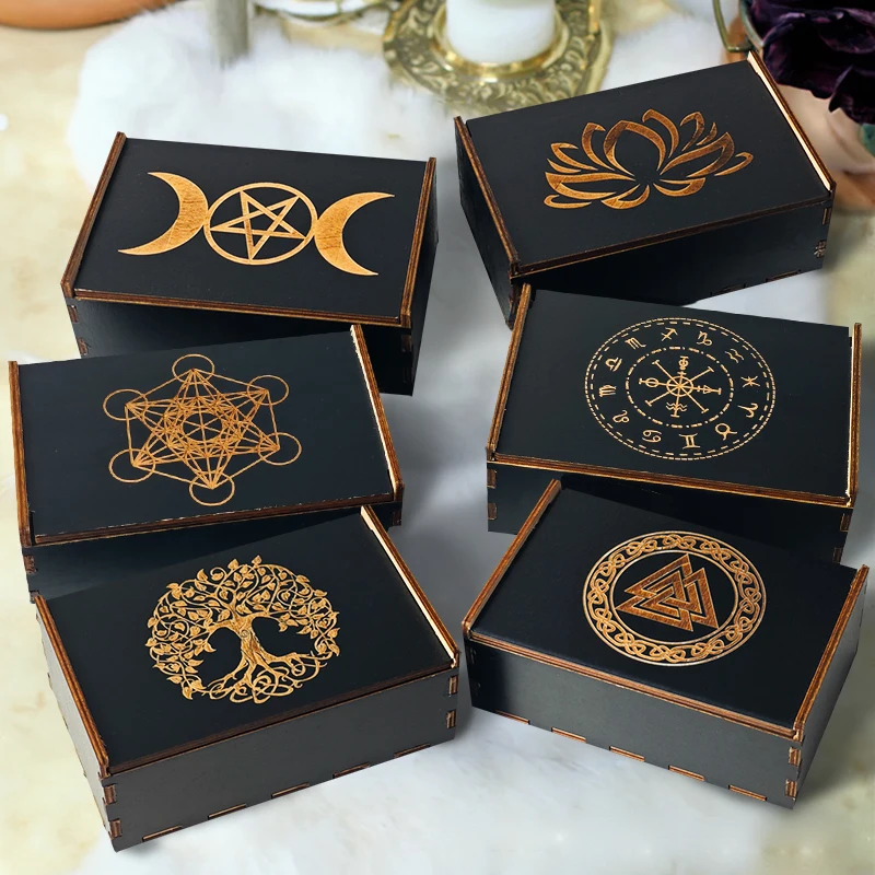 Tarot Cards Storage Box Wooden Lotus Printed Storage Box Crystals Jewelry Astrology Dice Playing Card Gift Storage Organizer Box - Image 2